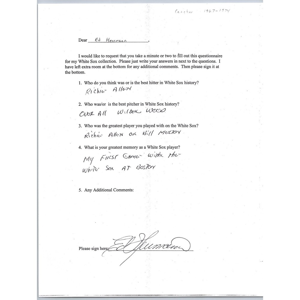 Ed Herrmann Autograph Signed White Sox Questionnaire Baseball Catcher 1967-1974
